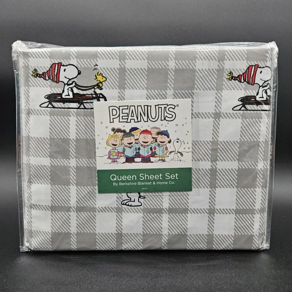 Berkshire Peanuts Snoopy Woodstock Christmas Holiday Queen Sheet Set Plaid Gray